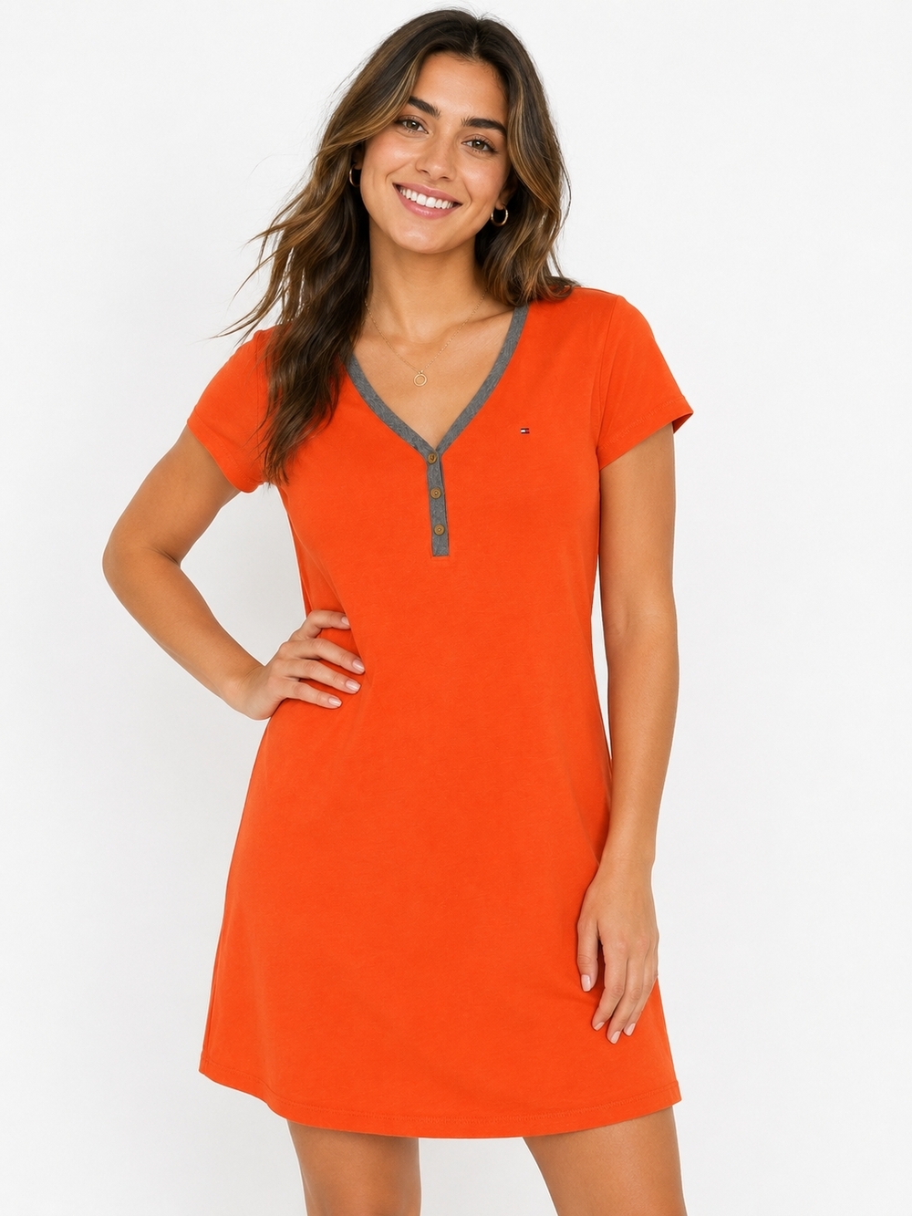 Tommy Hilfiger Orange V-Neck Tunic Dress Women’s Size Medium Casual Short Sleeve